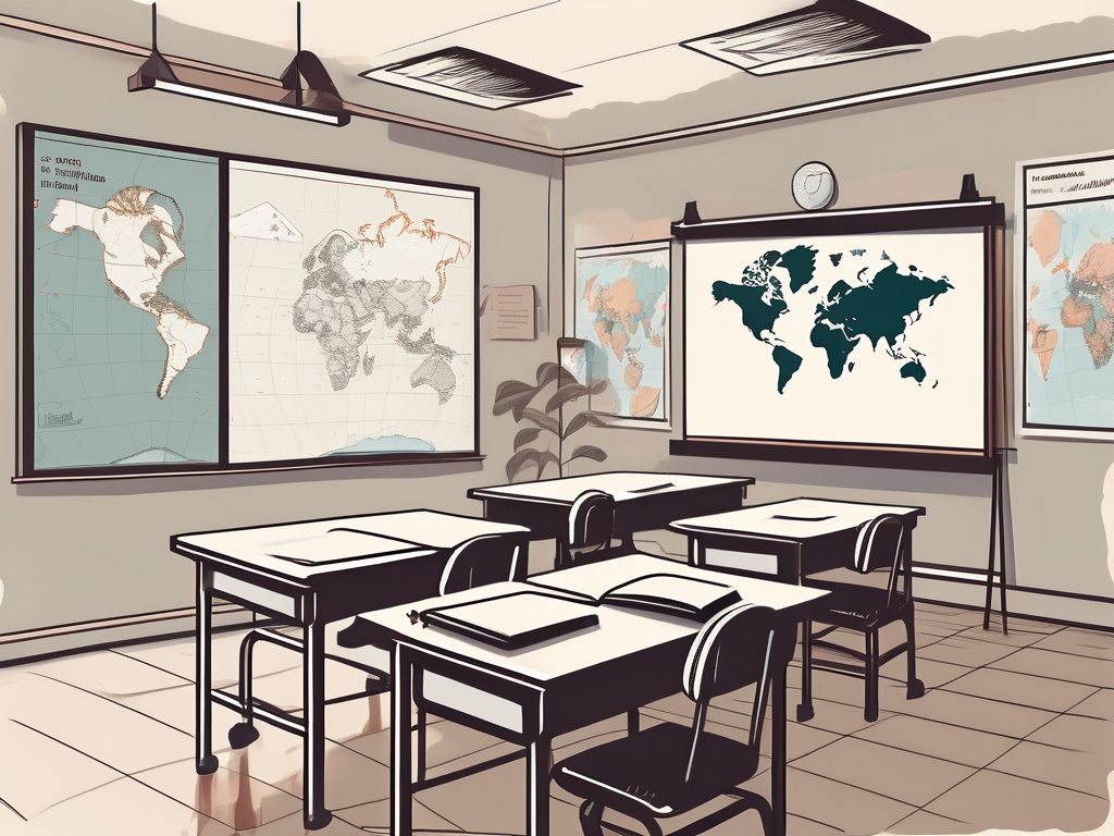 A classroom setting in thailand with teaching aids like maps