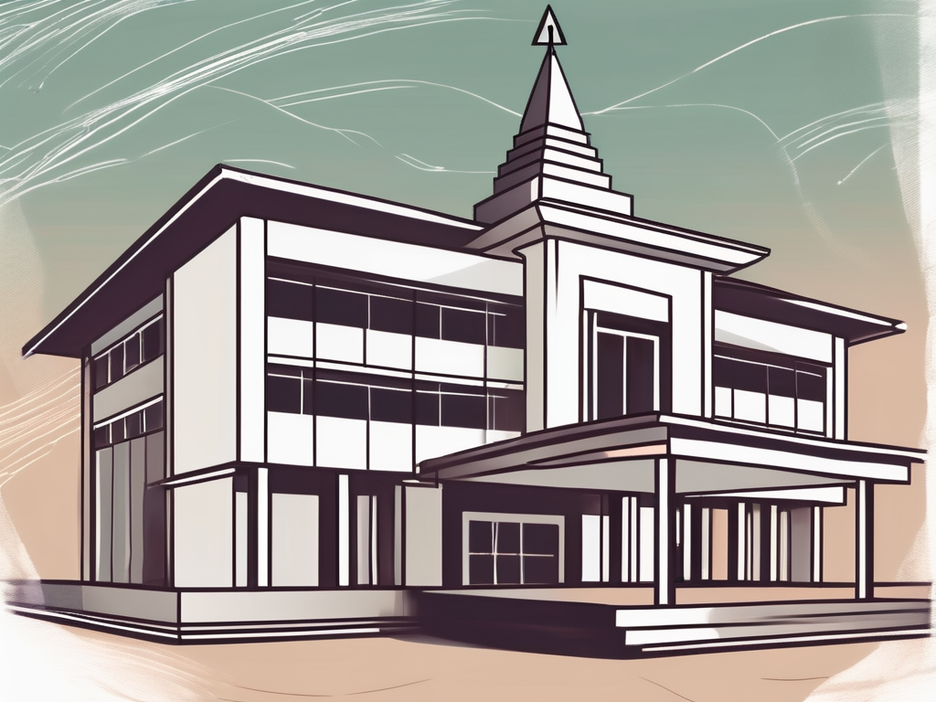 A typical thai school building with a graduation cap floating above it