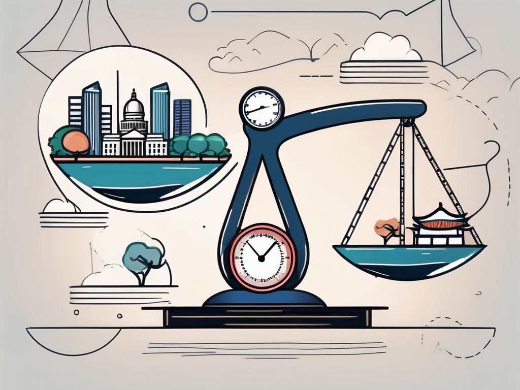 A balanced scale with various teaching tools and singaporean landmarks on each side