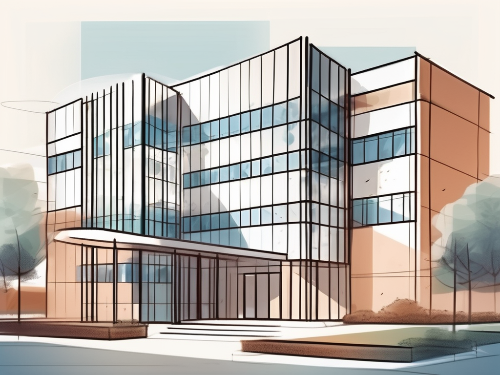 An international school building with diverse educational symbols