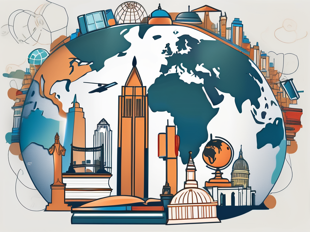 A globe surrounded by various symbolic elements of education such as books