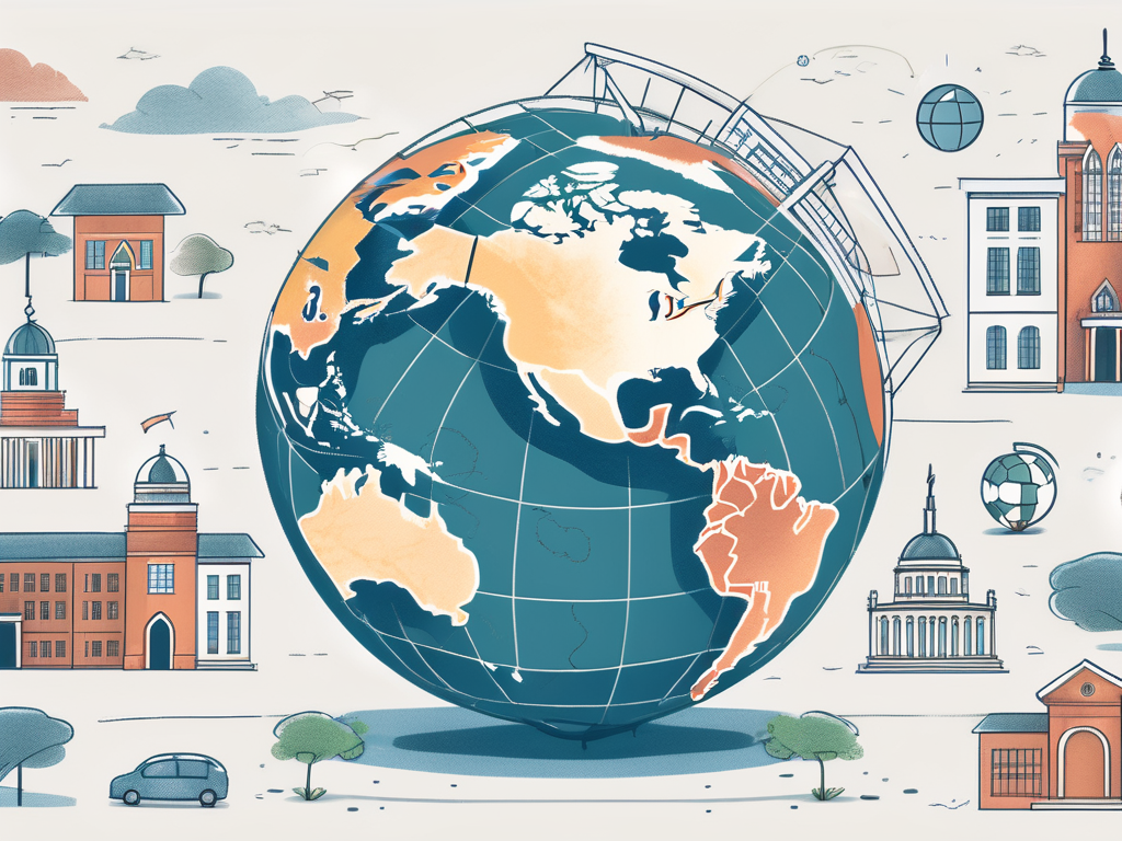 A globe with various school buildings scattered across different countries