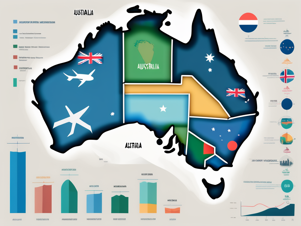 A map of australia with colorful arrows coming from different countries around the globe