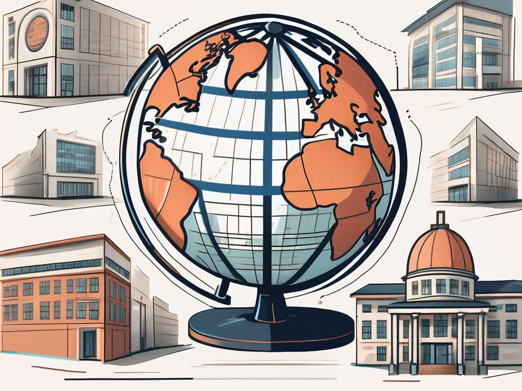 A globe with various international school buildings