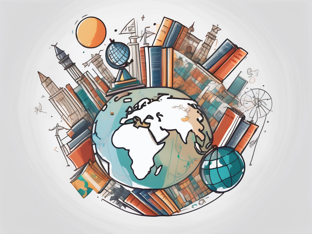 A globe highlighted with various iconic education symbols (like graduation cap