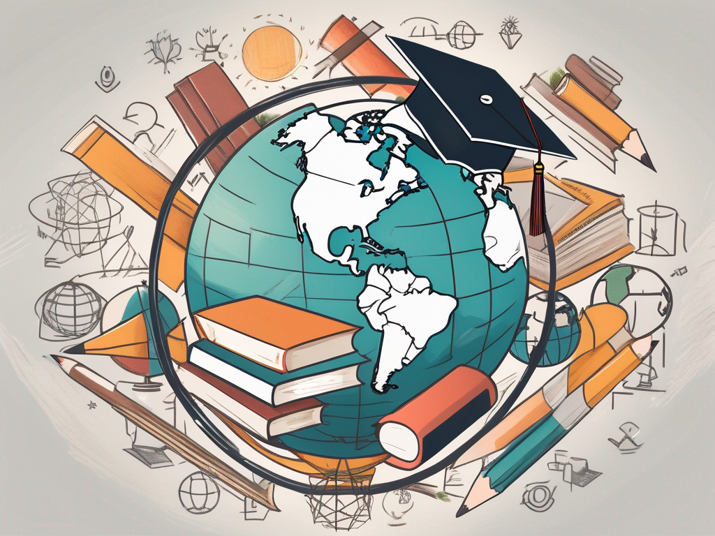 A globe surrounded by various educational symbols like books
