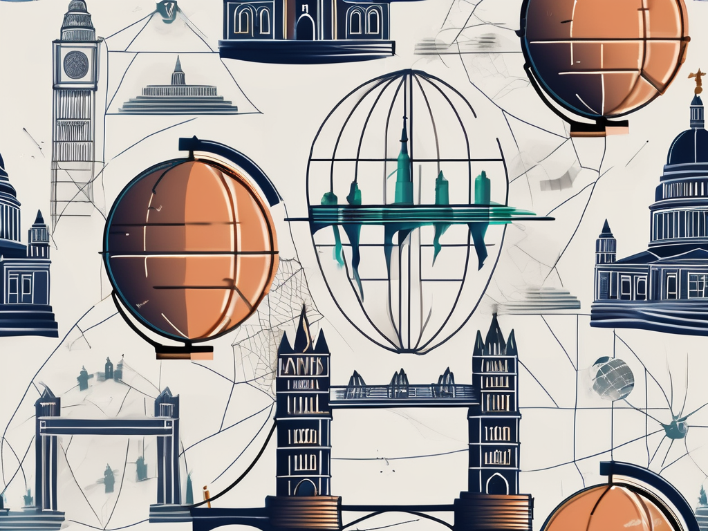 A globe with various iconic landmarks from different countries