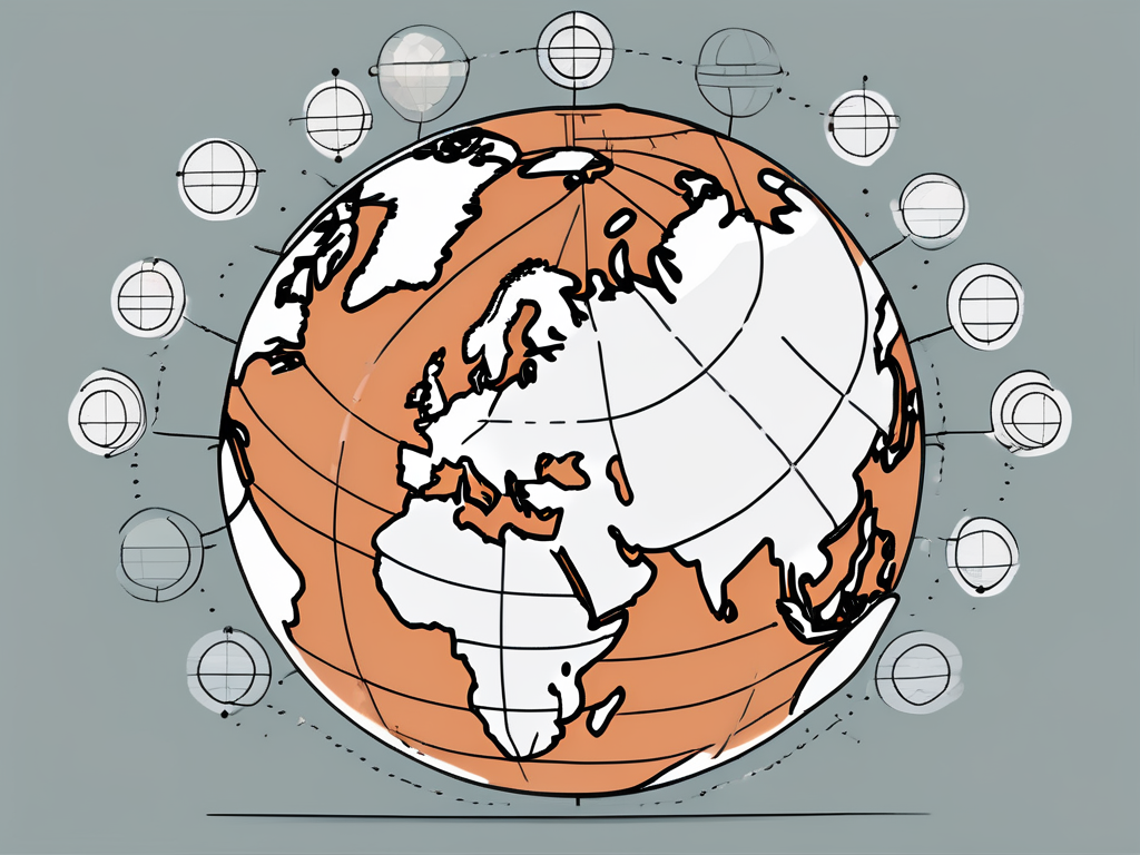 A globe with various sized circles pinpointing different schools around the world