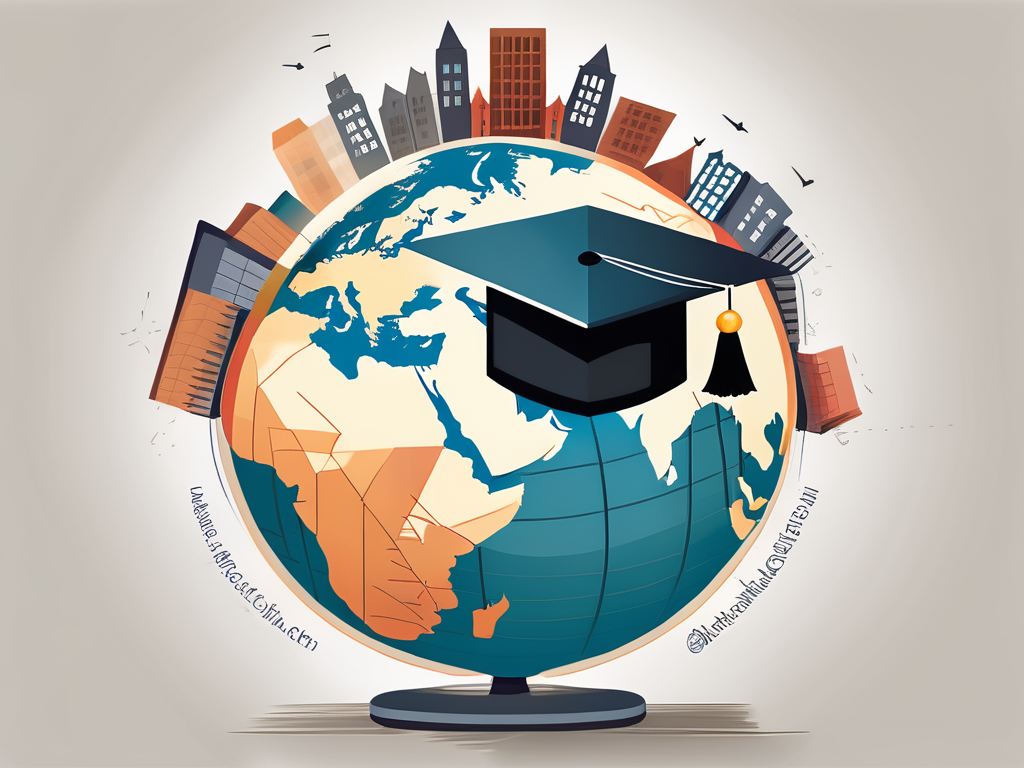 A globe surrounded by different school buildings