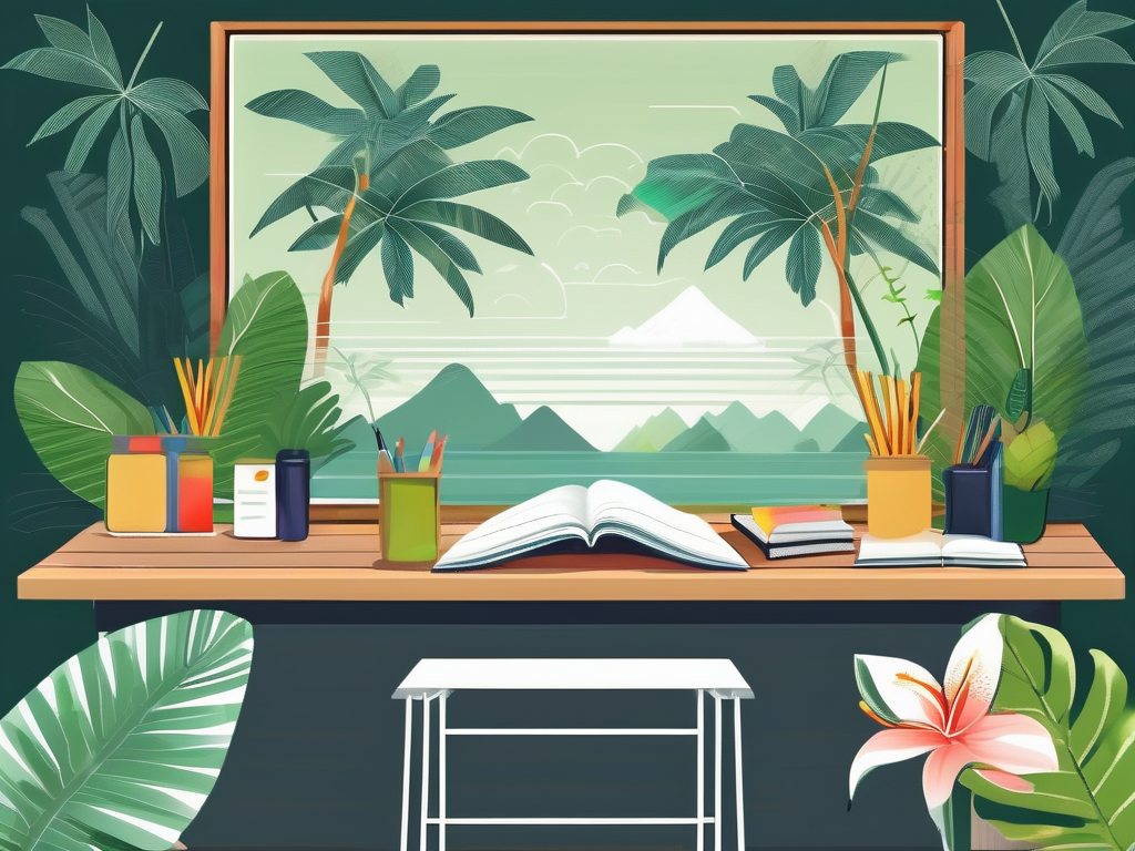 A thai classroom setting with teaching materials and a chalkboard