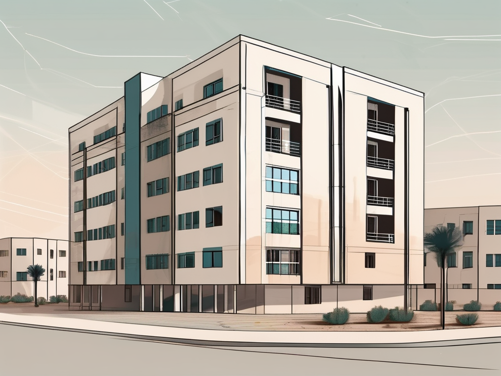 A modern saudi arabian apartment building with a school in the background