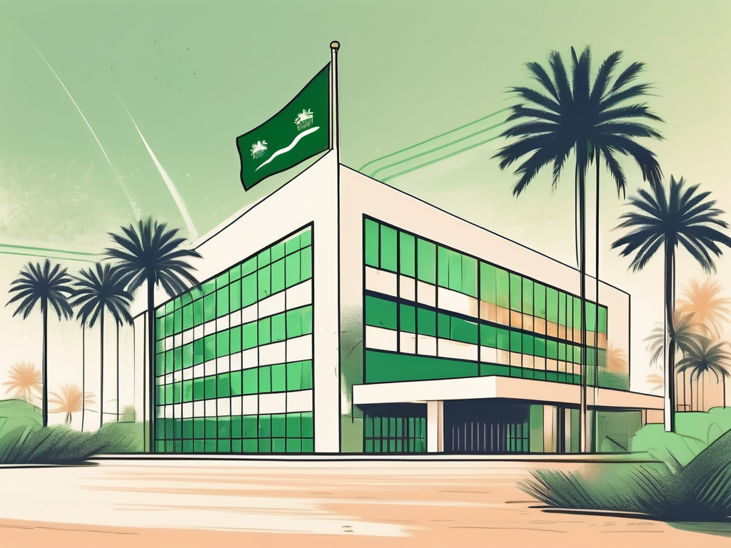 A school building with a saudi arabian flag flying atop