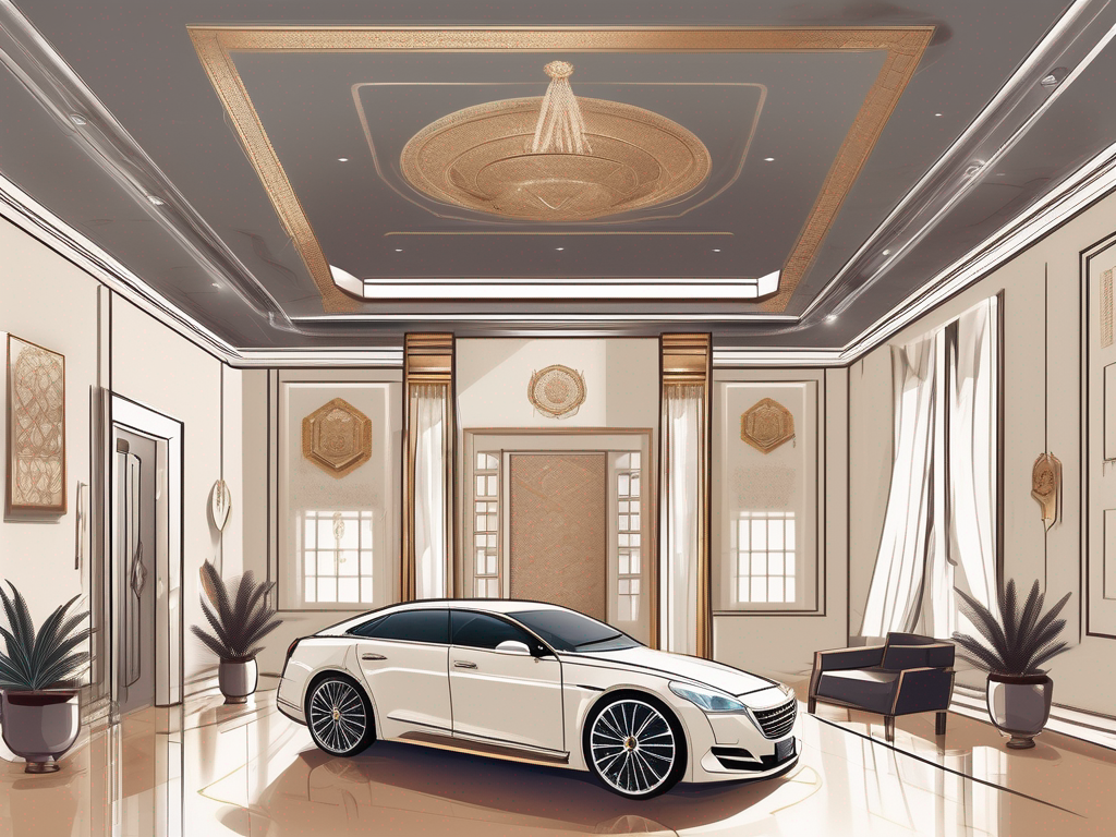 A classroom scene in saudi arabia with an ipgce certificate hanging on the wall and various symbols of wealth such as a luxury car and a palatial house in the background