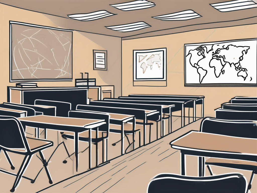 A classroom setting with empty chairs and desks