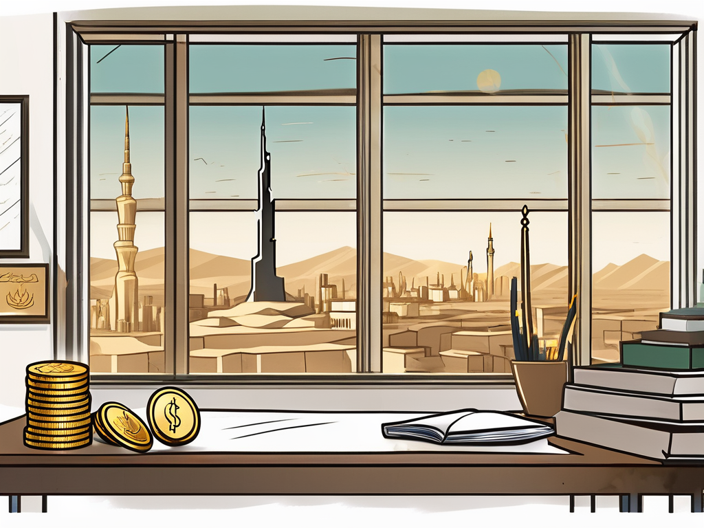 A classroom setting with an ipgce certificate on the wall and a view of saudi arabian landmarks through the window