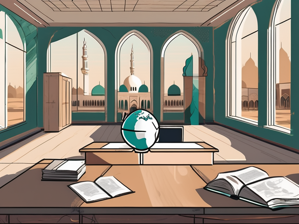 A classroom setting with a teacher's desk