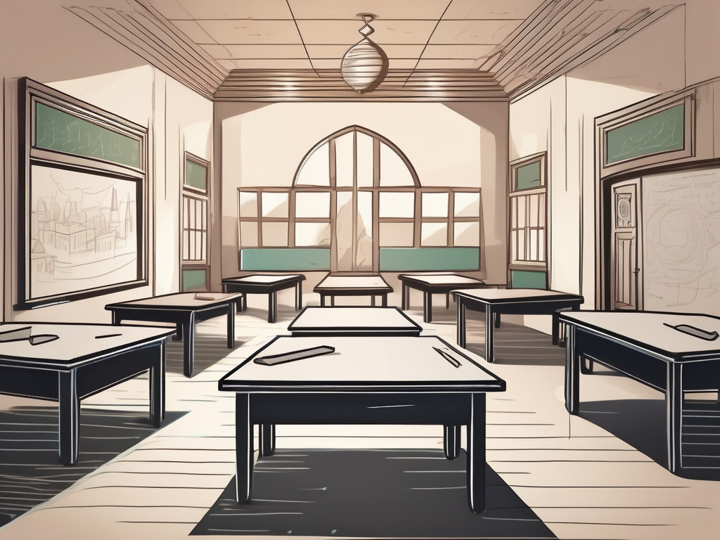 A classroom setting with an empty teacher's desk in the foreground