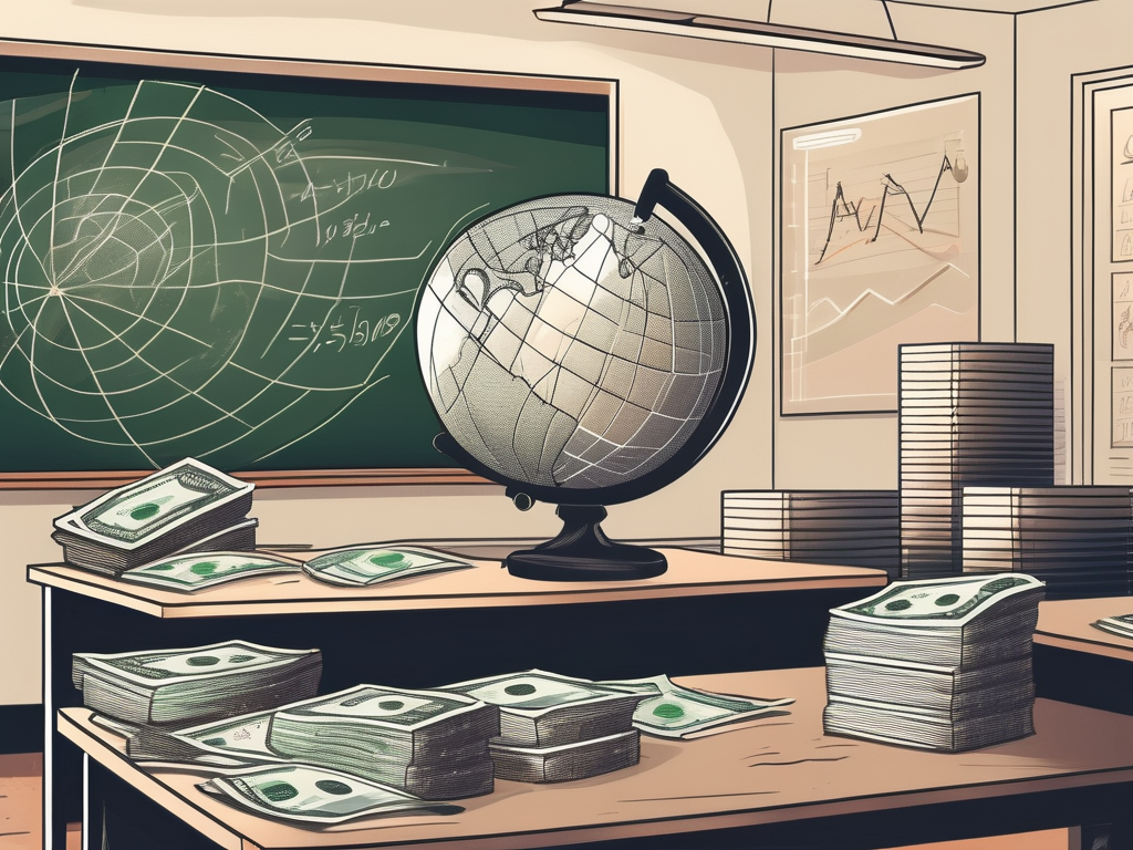 A classroom setting with a teacher's desk filled with saudi arabian currency
