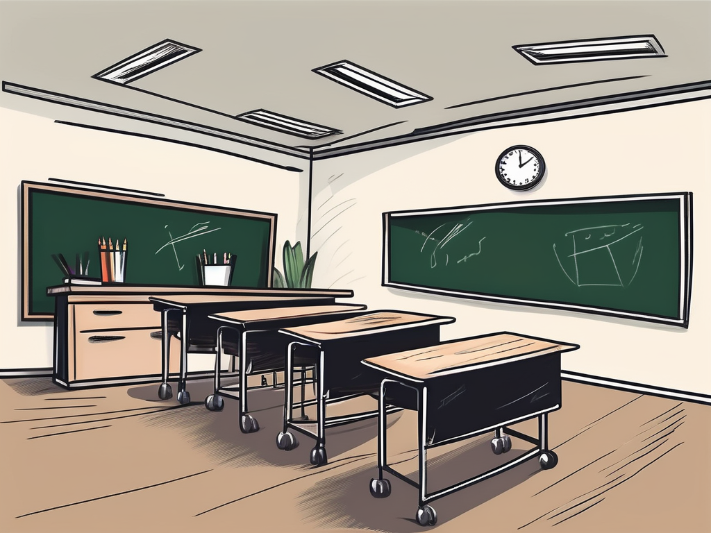 A saudi arabian classroom with empty teacher's desk and chalkboard