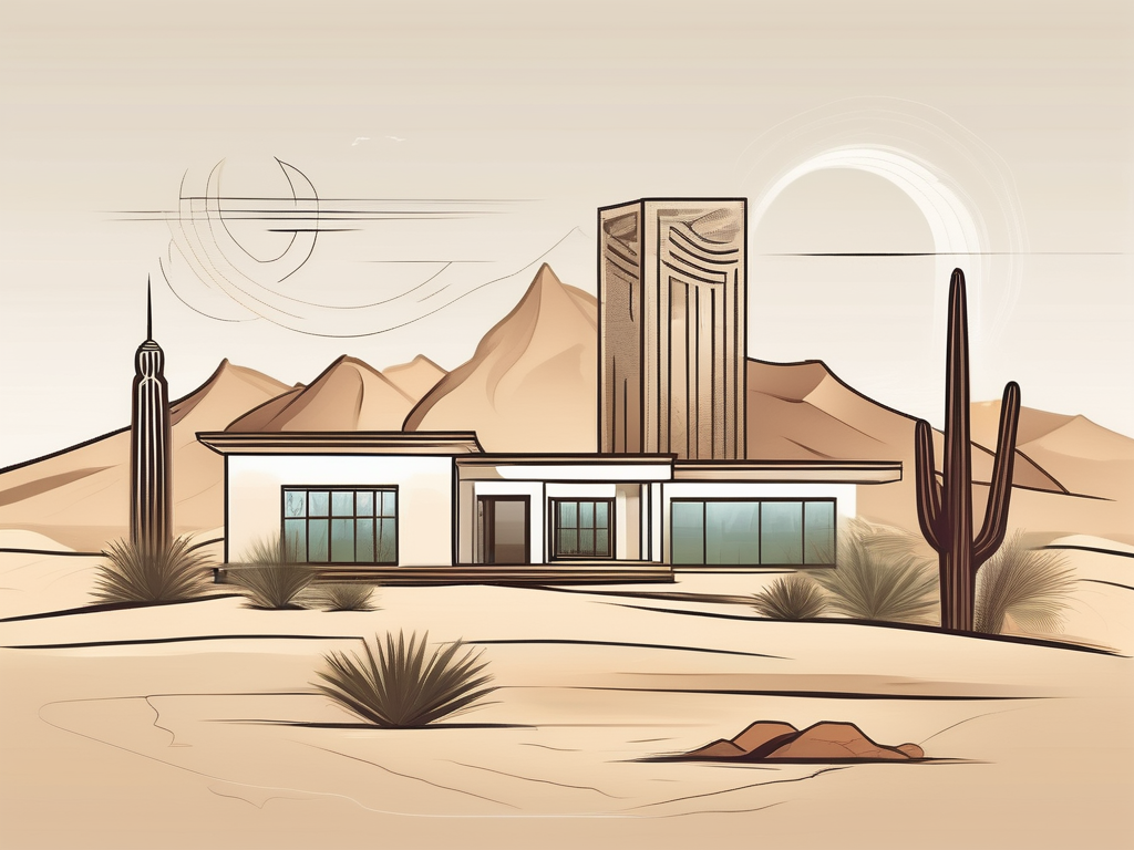 A desert landscape with modern buildings in the background