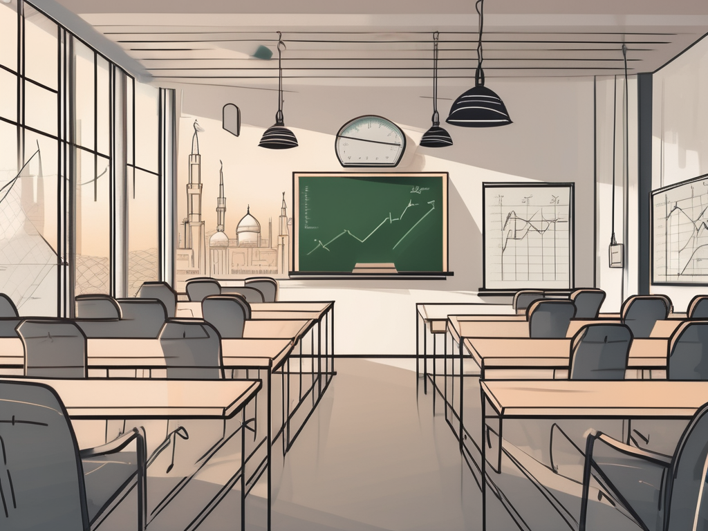 A classroom setting with a chalkboard displaying a simplified budget calculation and iconic saudi arabian architectural elements in the background