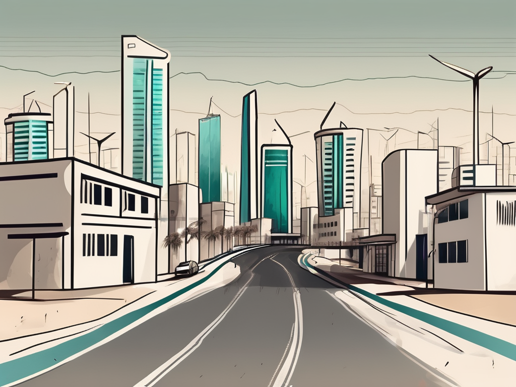 A typical saudi arabian cityscape with elements of a school and a cost of living symbol like a price tag on a house