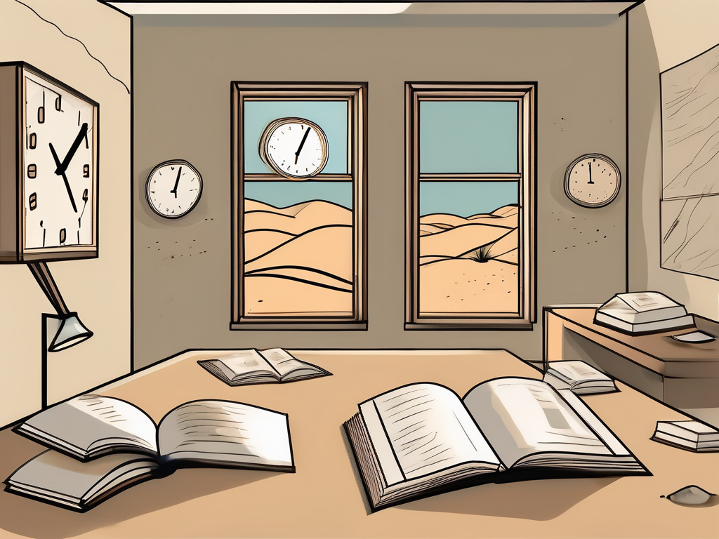 A classroom setting with scattered teaching materials and a clock showing late hours