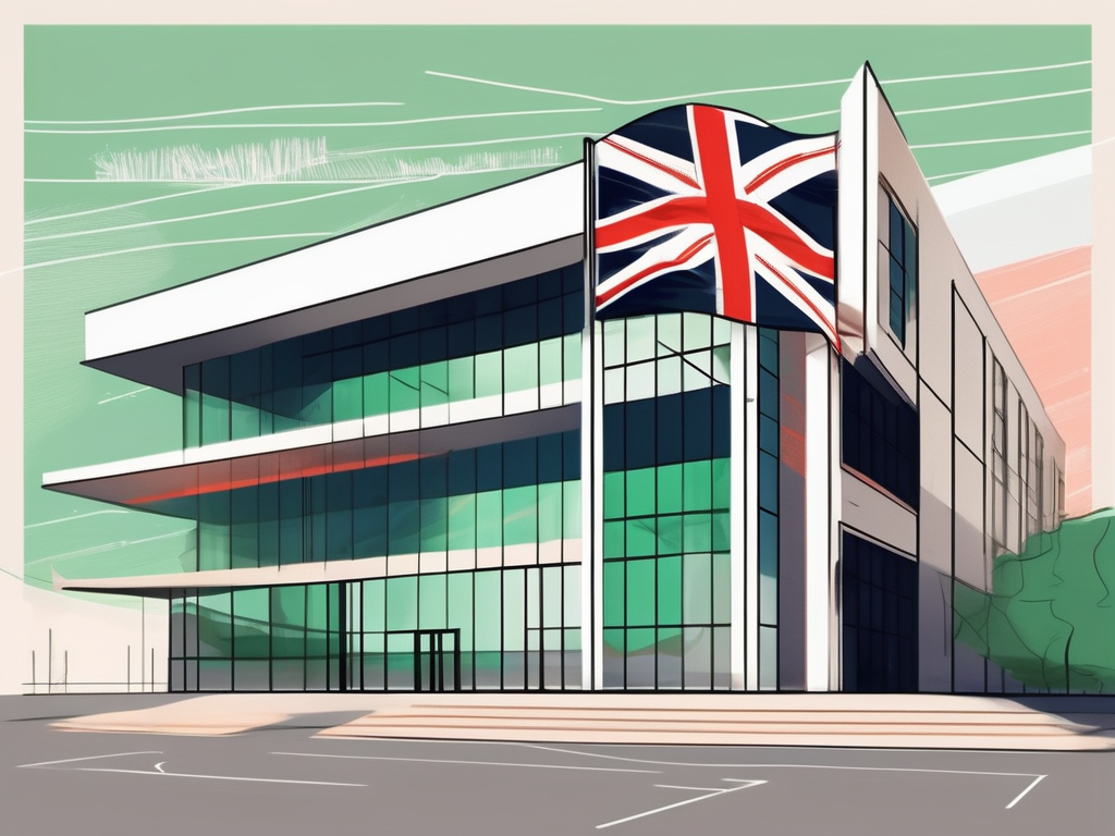 A modern school building with a saudi arabian flag fluttering in the wind and a symbolic representation of the english language