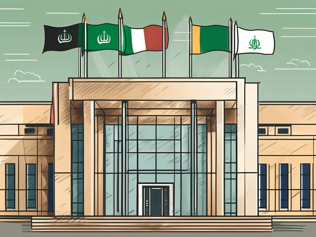 A saudi arabian school building with a few international flags flying nearby