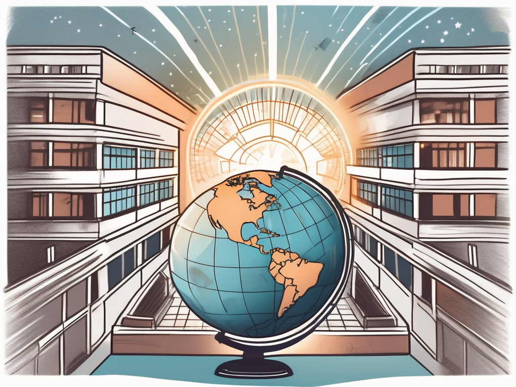 A globe with various iconic school buildings from around the world
