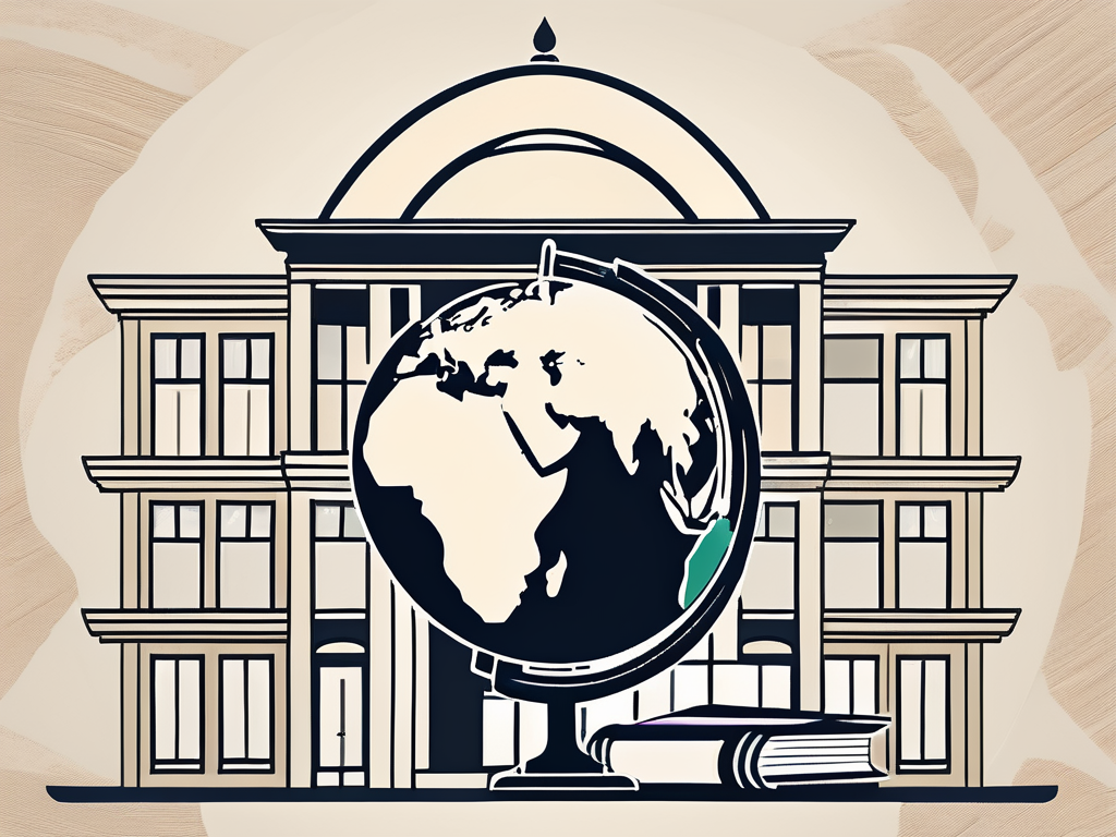 A saudi arabian international school building with a pile of textbooks and a globe