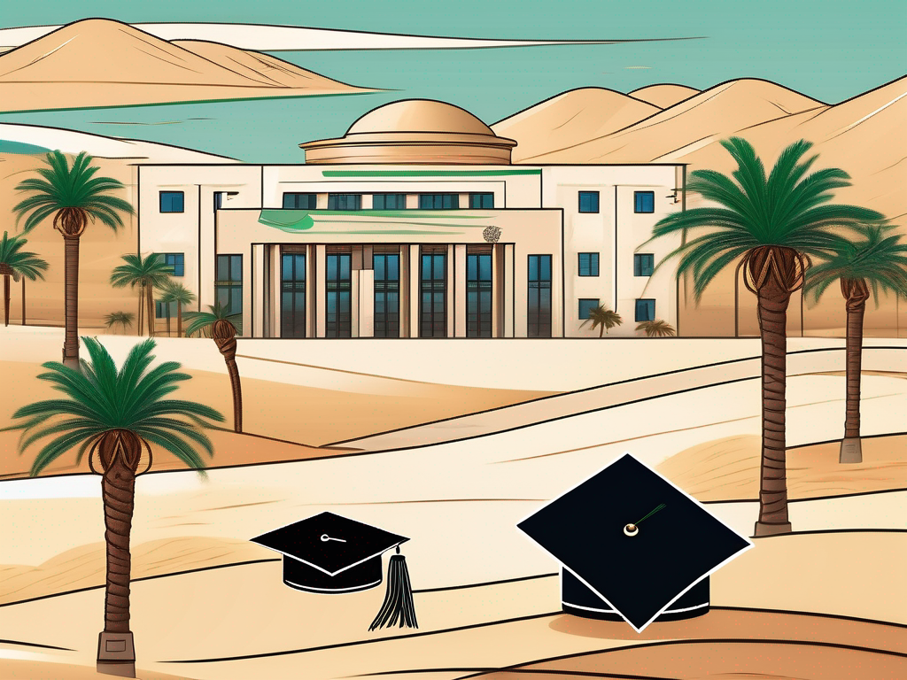 A typical saudi arabian landscape with a modern school building in the foreground and traditional elements like palm trees and sand dunes in the background
