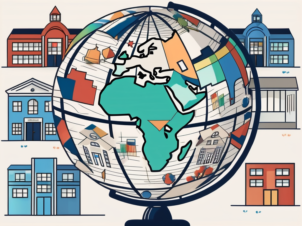 A globe with various school buildings scattered around it