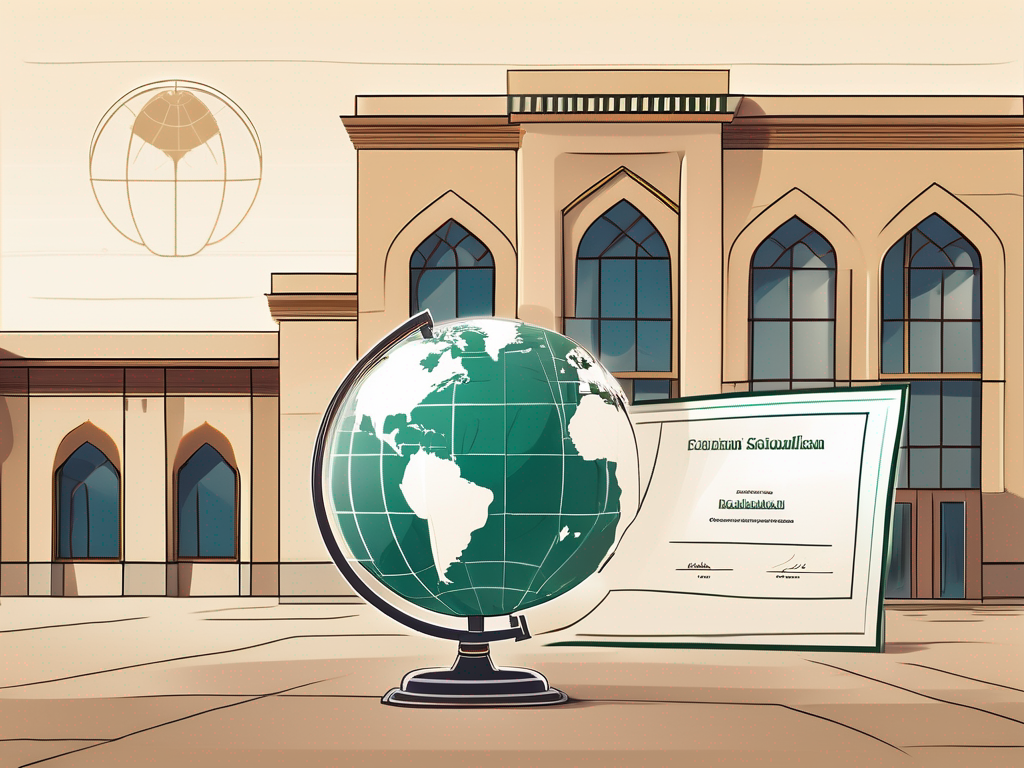 A traditional saudi arabian school building with a globe and a teaching certificate in the foreground