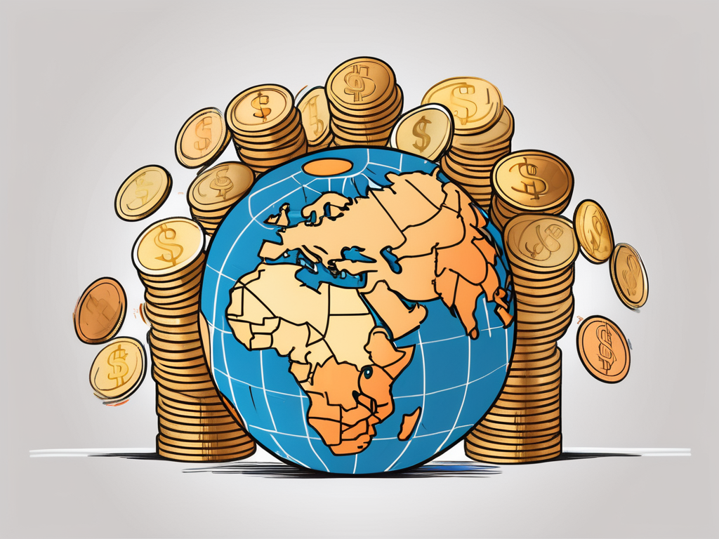 A globe highlighting different countries with various sizes of stacks of coins
