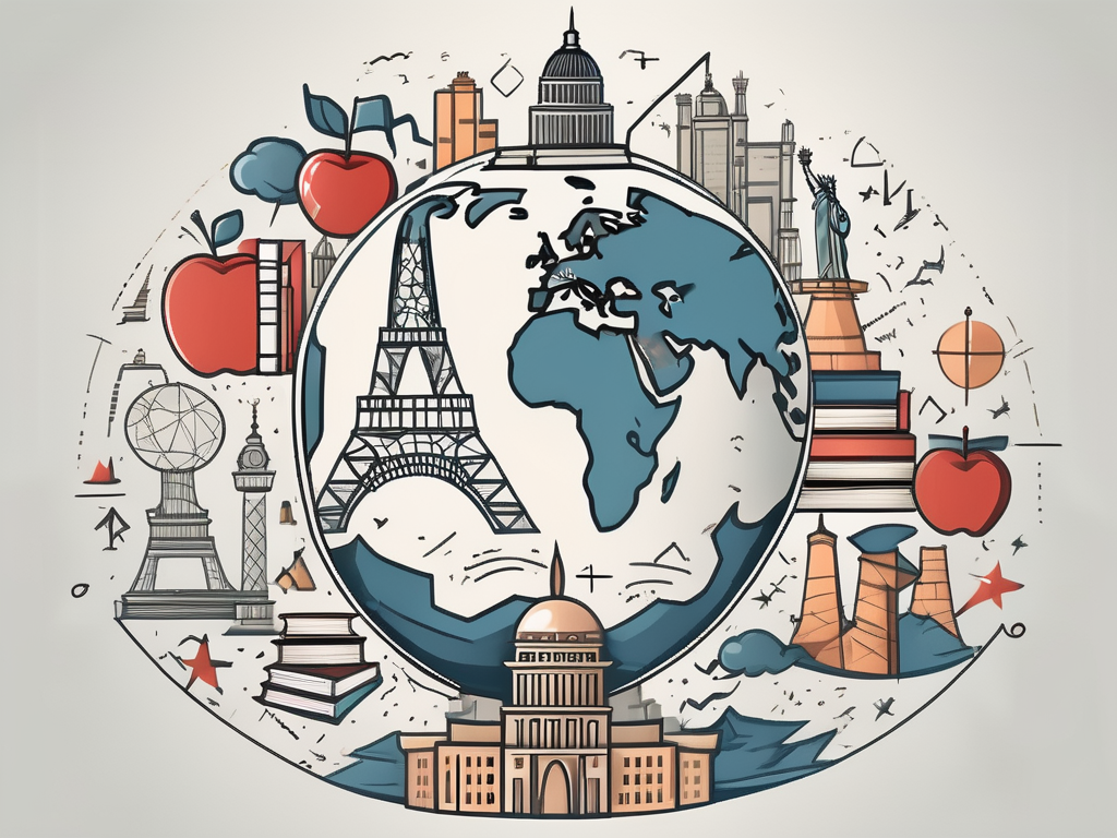A globe with various iconic landmarks (like the eiffel tower