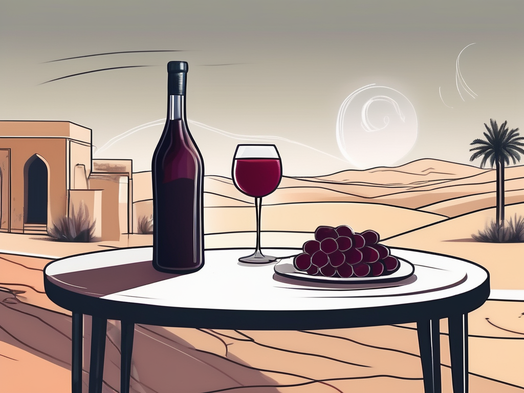 A traditional qatari landscape with a glass of wine and a non-alcoholic beverage side by side on a table