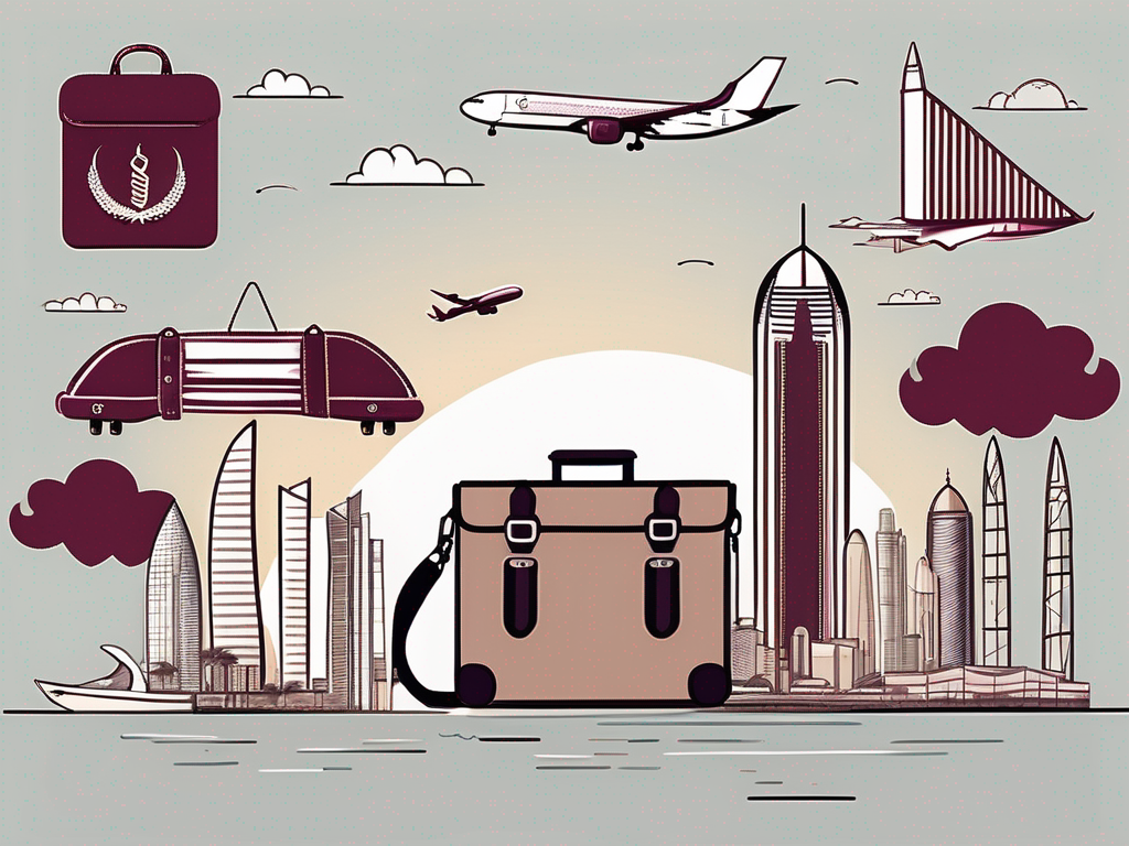 The doha skyline with various symbols of work benefits like a briefcase