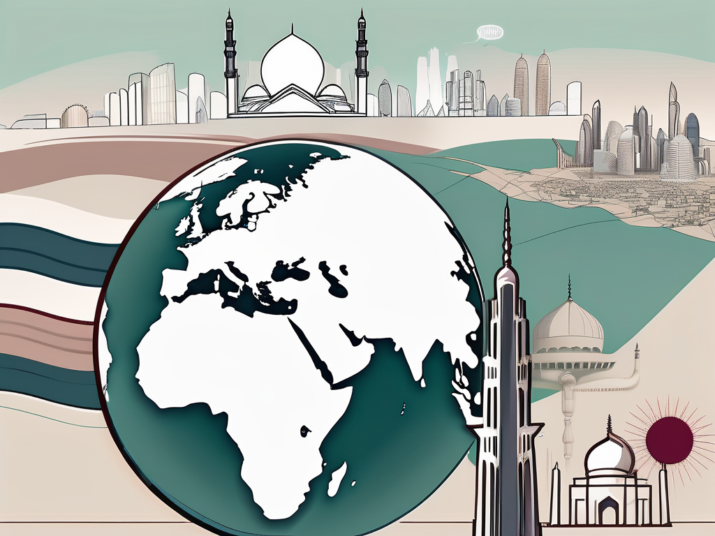 The qatari landscape with iconic buildings in the background and a speech bubble containing a globe with english and arabic languages symbolically represented