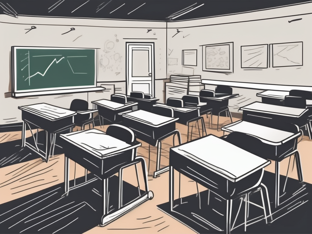 A classroom setting with empty desks