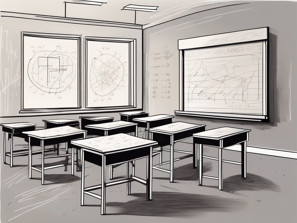 A classroom scene with an empty teacher's desk and a chalkboard full of complex