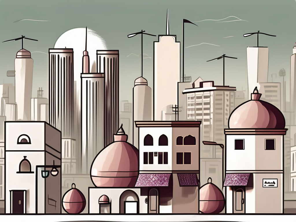 A traditional qatari cityscape with various symbols of living costs
