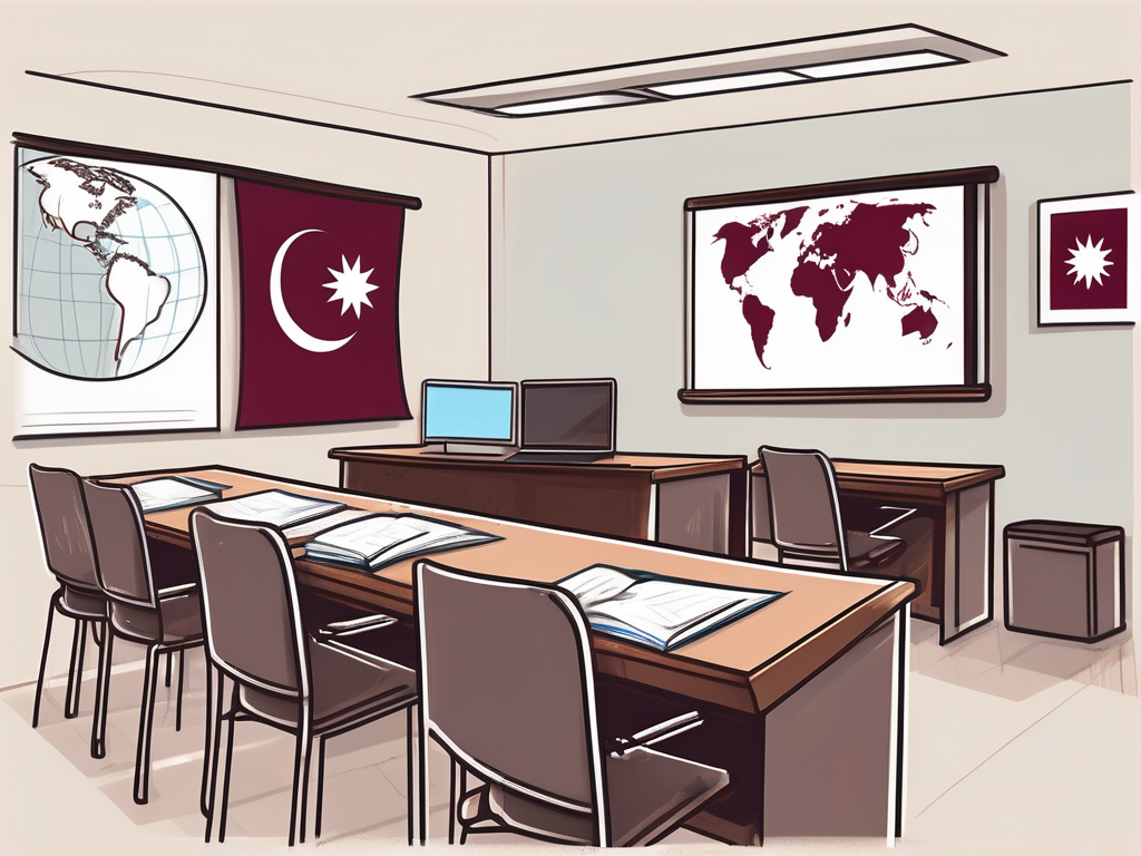 A classroom setting in qatar with international symbols on the desks