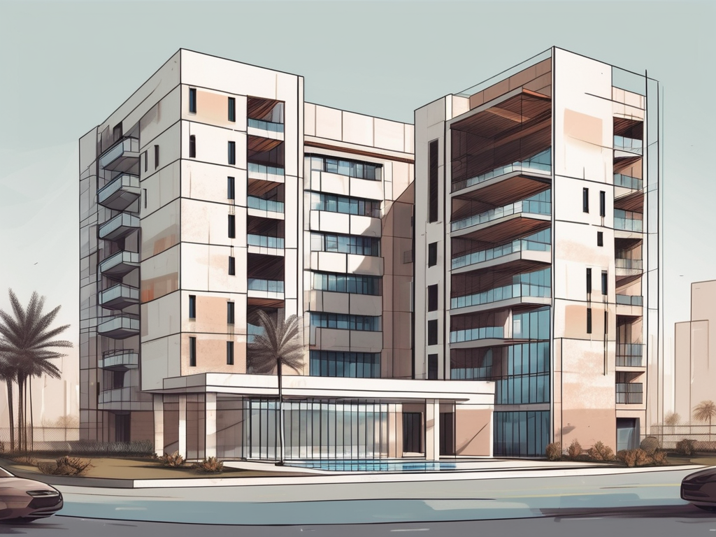 A modern apartment building in qatar with a school nearby