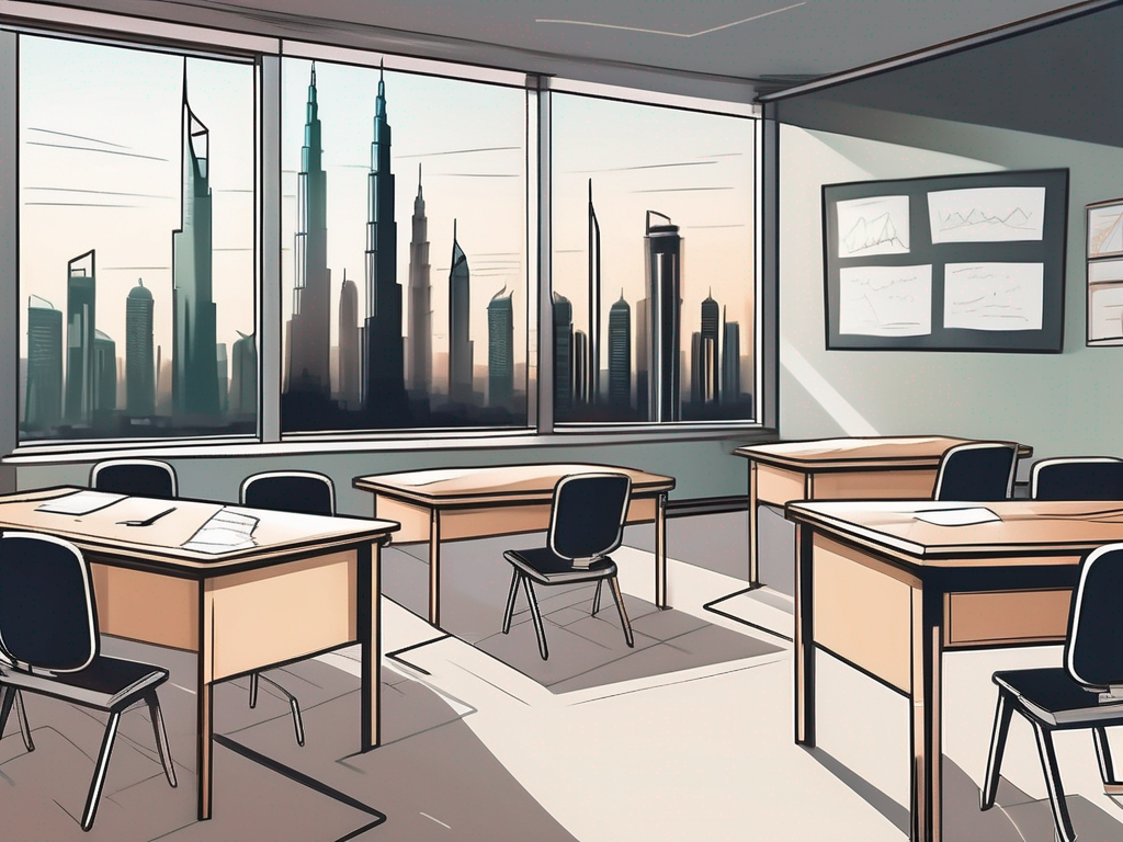 A classroom with empty teacher's desk and chalkboard in a modern dubai skyline setting