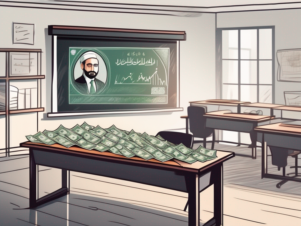 A classroom setting with a teacher's desk filled with uae currency and a chalkboard in the background