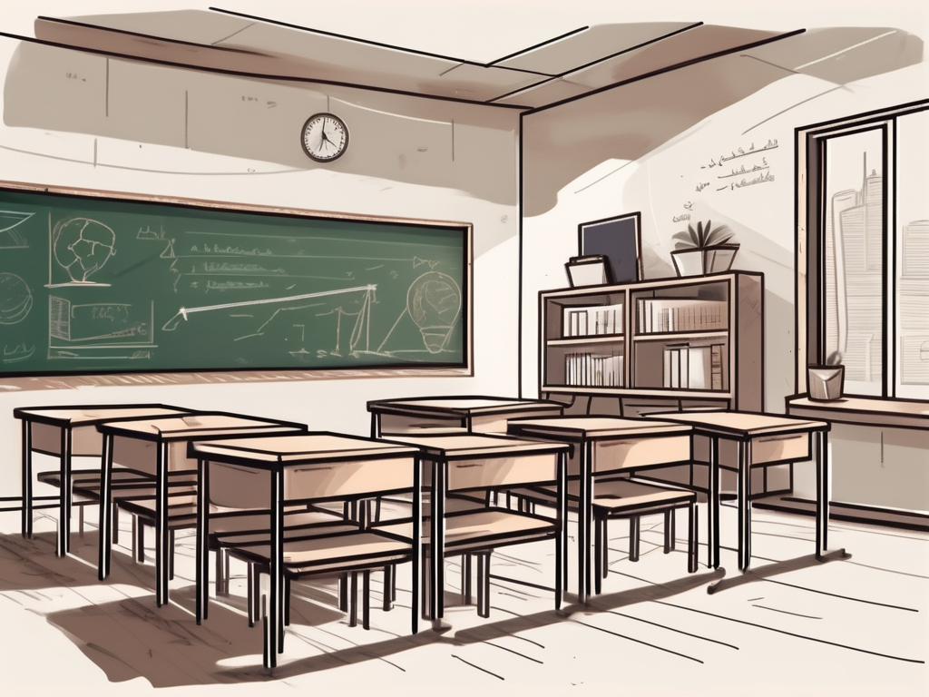 A classroom setting in dubai with symbolic elements like a chalkboard