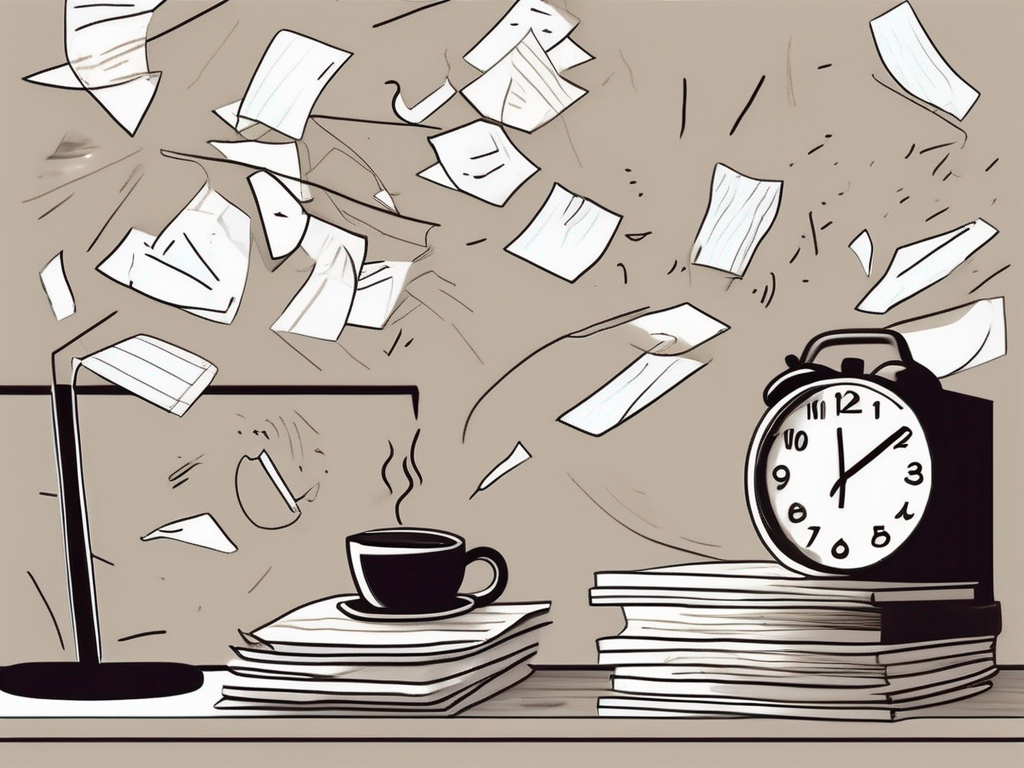 A classroom scene with scattered papers