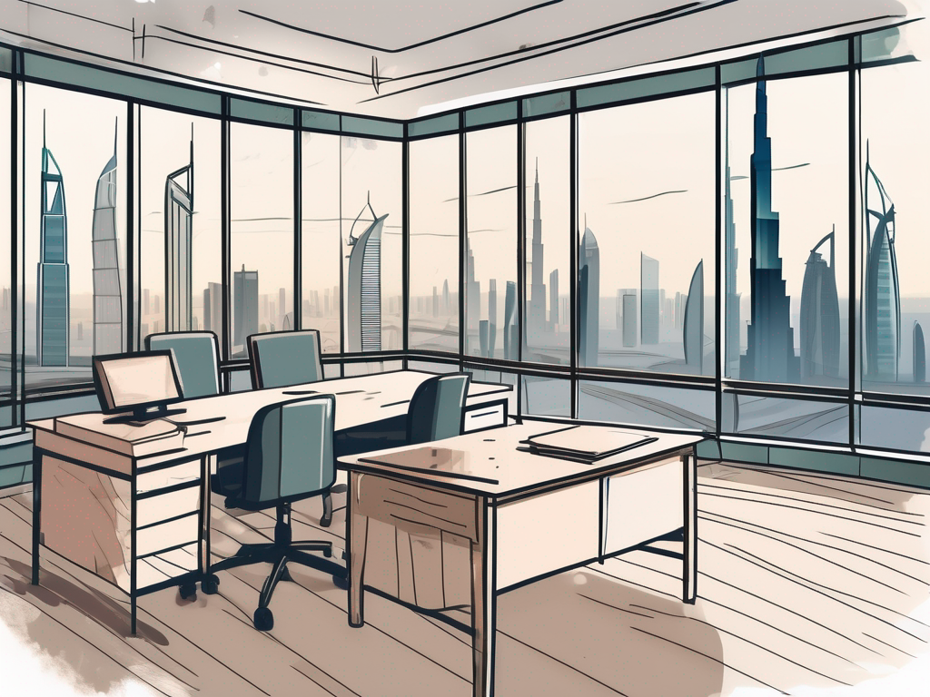 A classroom with a view of the dubai skyline