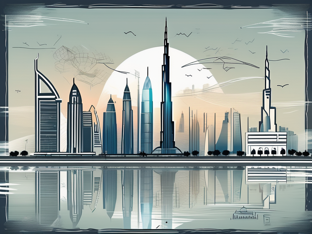 A modern dubai cityscape with notable landmarks like the burj khalifa and palm jumeirah